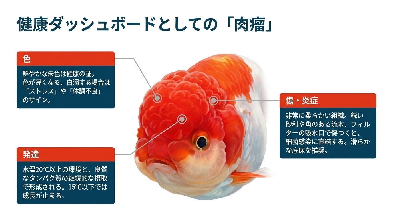 丹頂金魚の肉瘤の色、発達、傷や炎症の注意点を健康管理の観察ポイントとして示した図
