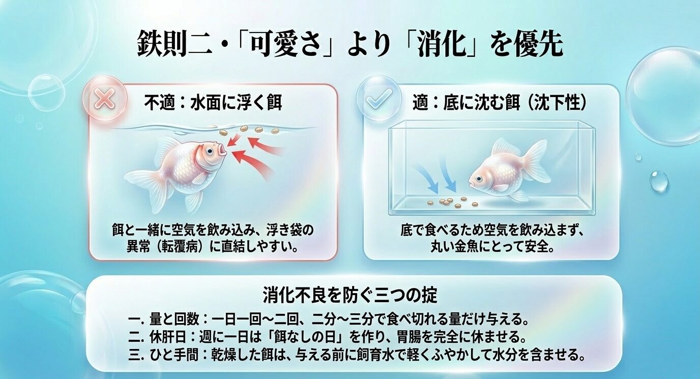 ピンポンパールには水面に浮く餌より沈下性の餌が適しており、少量給餌・絶食日・餌のふやかしが消化不良予防に役立つことを示すスライド