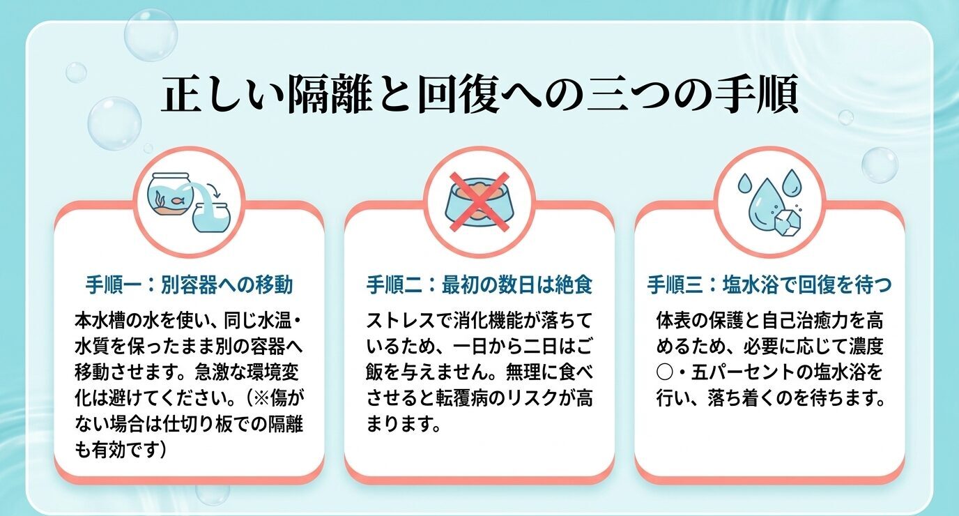 別容器への移動、初期の絶食、塩水浴での回復待ちというピンポンパール隔離後の基本手順を示す図