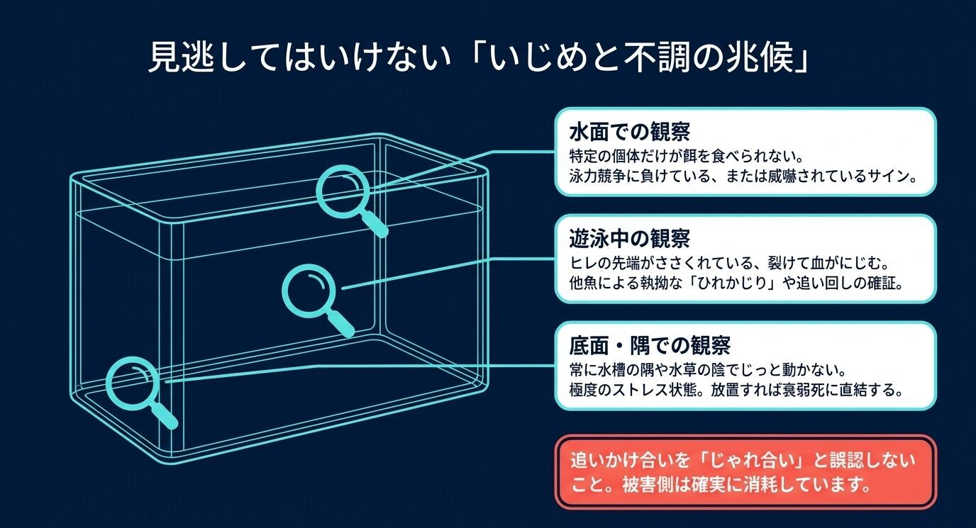 餌を食べられない、ヒレの傷、底や隅で動かないなど混泳中に見逃してはいけないサインを示した図