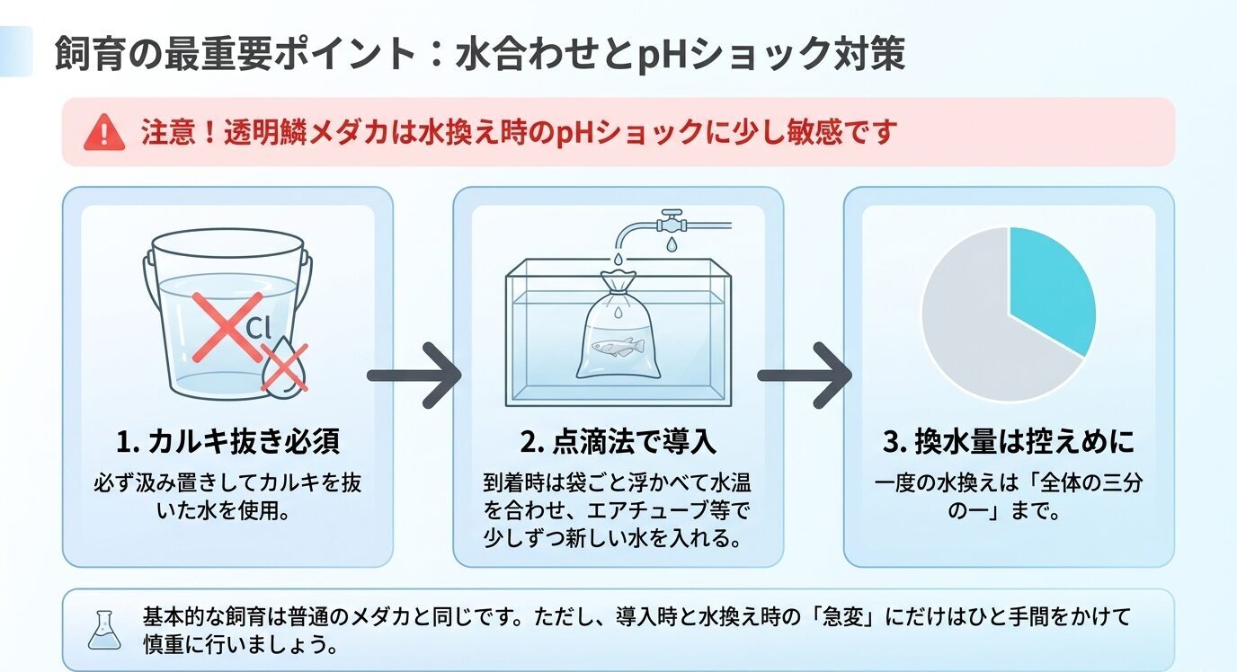 透明鱗メダカの導入時に必要なカルキ抜き、点滴法、水換え量の注意点を説明した図