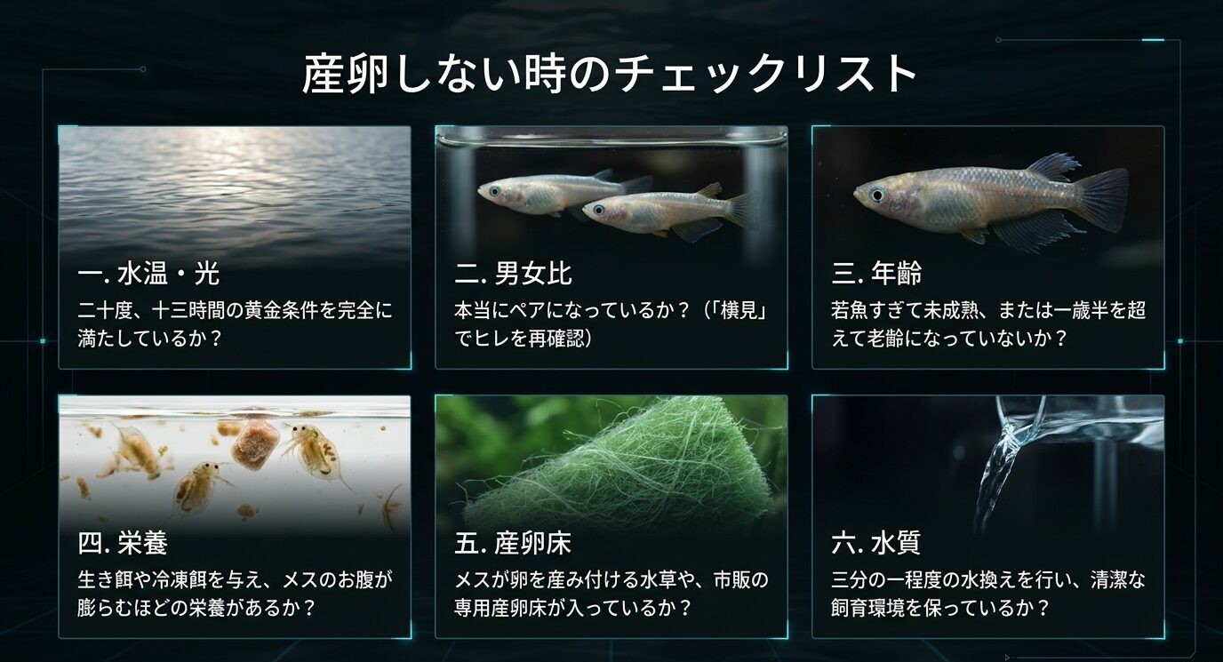 ヒカリメダカが産卵しない時に確認したい水温と光、男女比、年齢、栄養、産卵床、水質のチェック項目をまとめたスライド