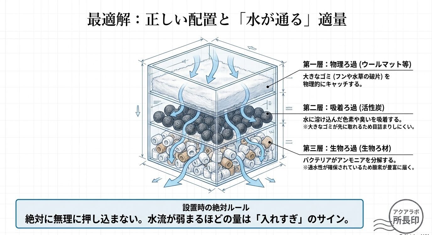 フィルター内でウールマット、活性炭、生物ろ材を層に分け、水がしっかり通る配置にすることを示した図
