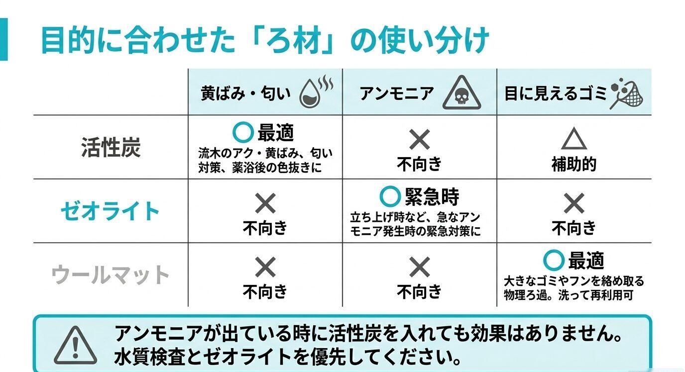 黄ばみや匂いには活性炭、アンモニアにはゼオライト、目に見えるゴミにはウールマットが向くことを比較した表