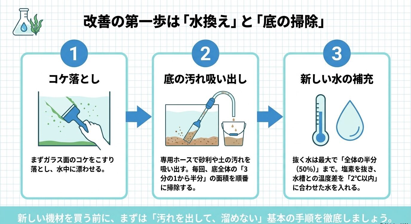 コケを落とし、専用ホースで底床の汚れを吸い出し、カルキ抜きと温度合わせをした新しい水を補充する富栄養化改善の基本手順