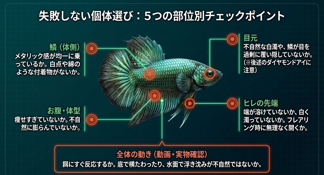 グリーンドラゴンを購入する前に確認したい鱗、目元、お腹や体型、ヒレ先端、全体の動きを示したチェック図
