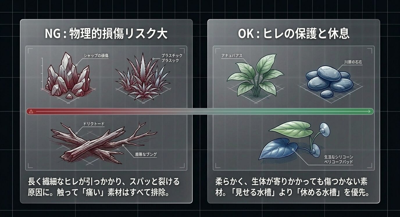ヒレを傷つけやすい尖った素材と、休憩や保護に向いた柔らかい素材を比較した図