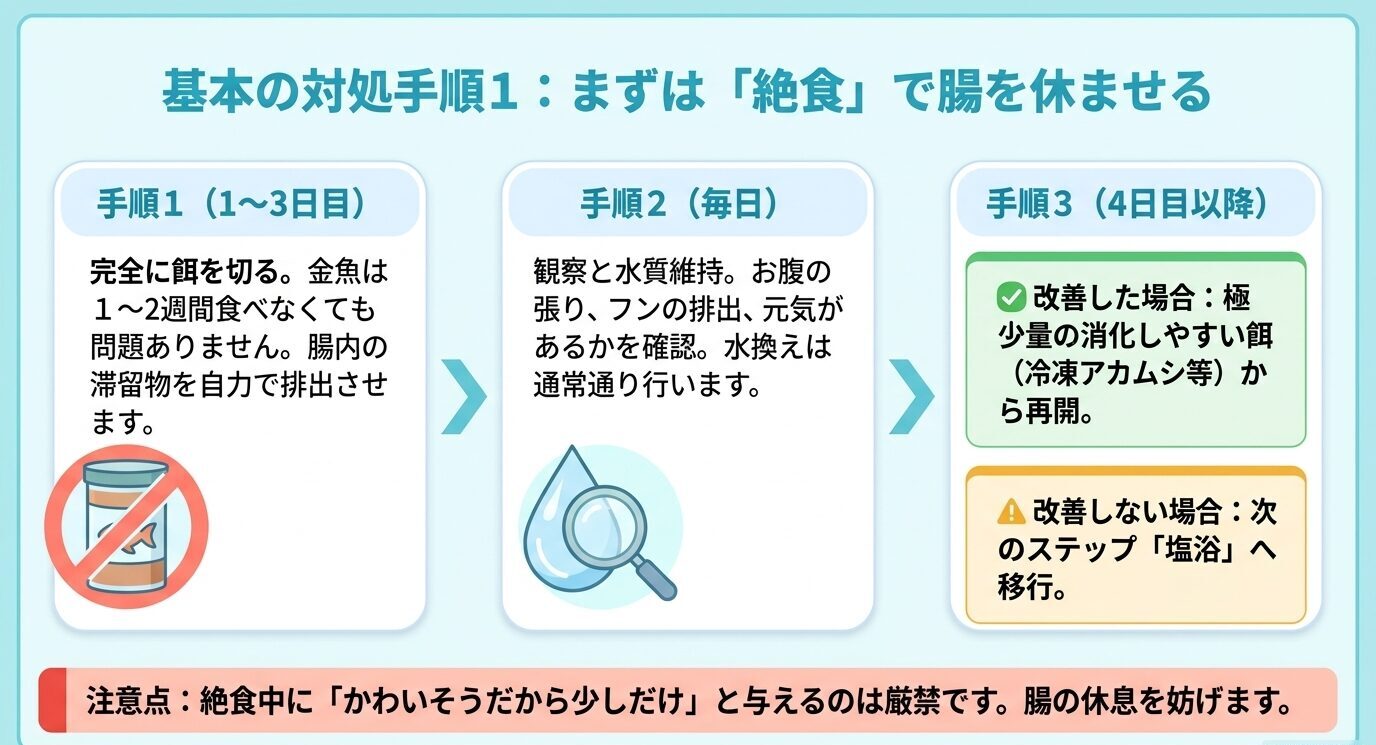 金魚のフン詰まり対策として、1〜3日目は完全に餌を切り、毎日観察し、改善状況に応じて餌再開または塩浴へ進む手順を示した図