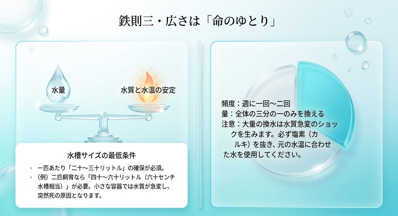 ピンポンパールには1匹あたり20〜30リットル以上の水量が必要で、水換えは全体の3分の1を目安に行うことを示すスライド
