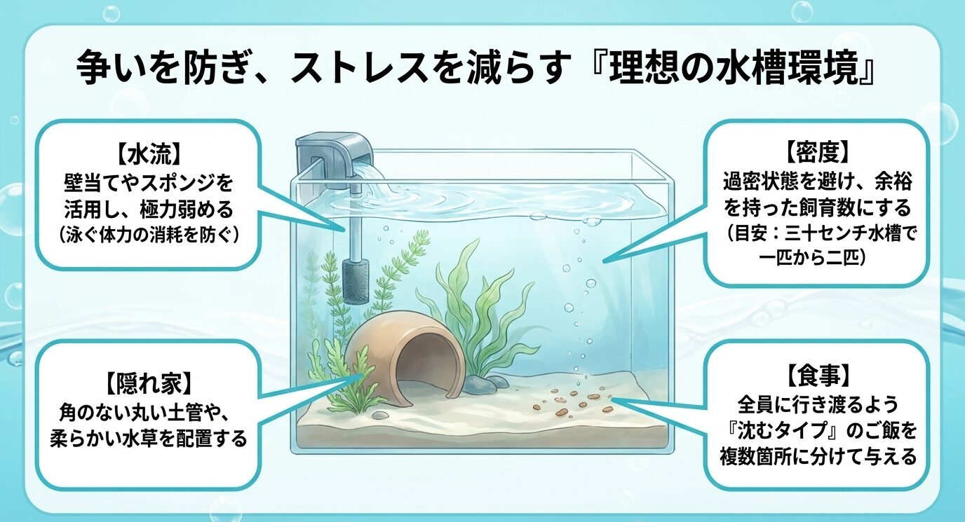 弱い水流、過密回避、隠れ家、沈下タイプの餌などピンポンパールのストレスを減らす水槽環境を示す図