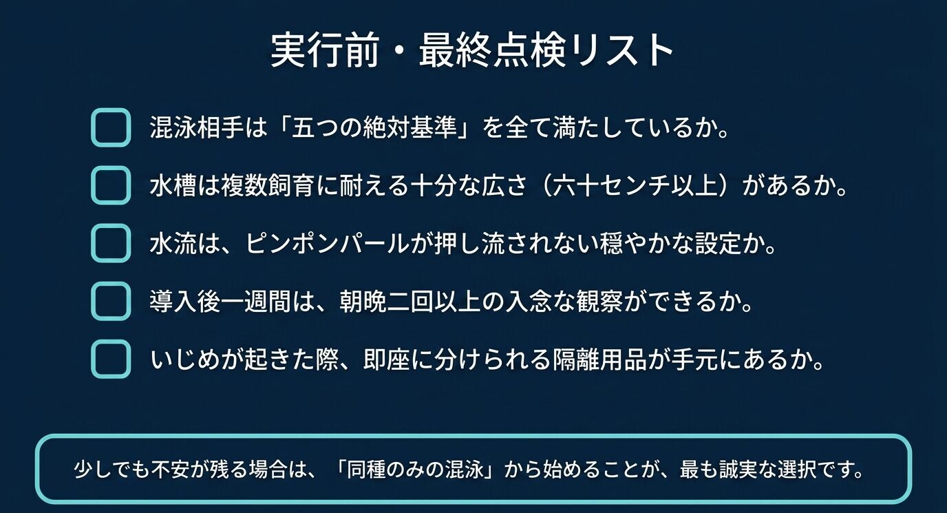 混泳相手の基準、水槽の広さ、水流、観察頻度、隔離用品の有無を確認する最終チェックリスト