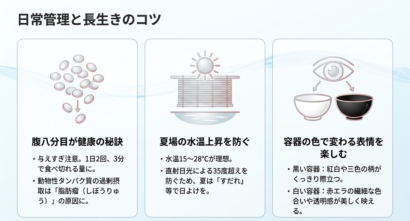 透明鱗メダカの給餌量、夏場の水温対策、容器の色による見え方の違いをまとめた図