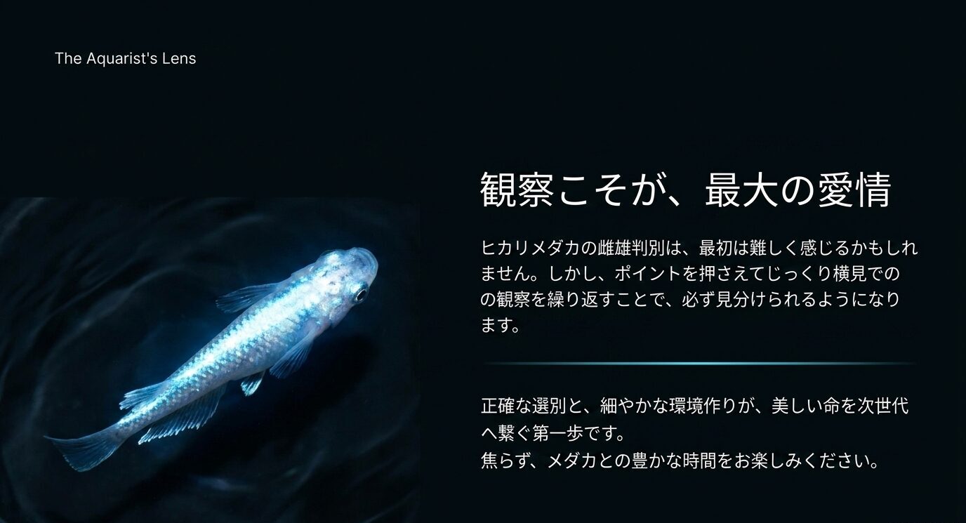 ヒカリメダカの雌雄判別は横見での観察を繰り返すことが大切だと伝えるまとめスライド
