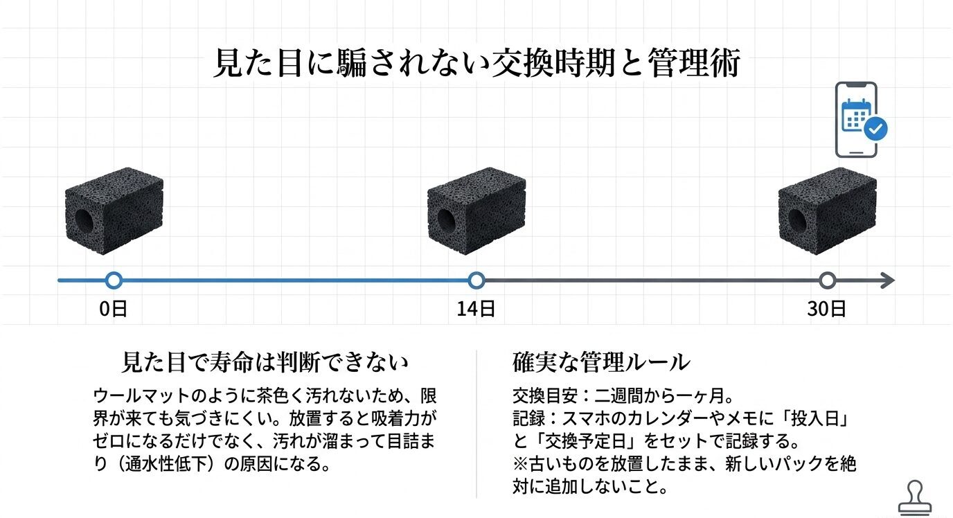 活性炭の使用開始から14日、30日までの交換目安と、カレンダーで投入日や交換予定日を管理する重要性を示した図