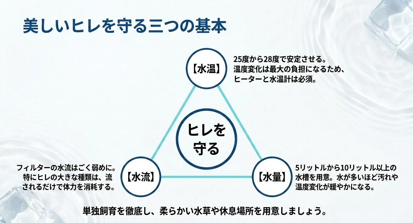 ベタのヒレを守るために、水温、水流、水量を安定させることが重要だと示した三角図