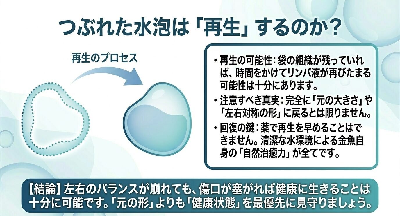 水泡眼のつぶれた水泡は袋の組織が残っていれば時間をかけてリンパ液が再びたまる可能性があるが、完全に元の大きさや左右対称の形に戻るとは限らないことを示した図