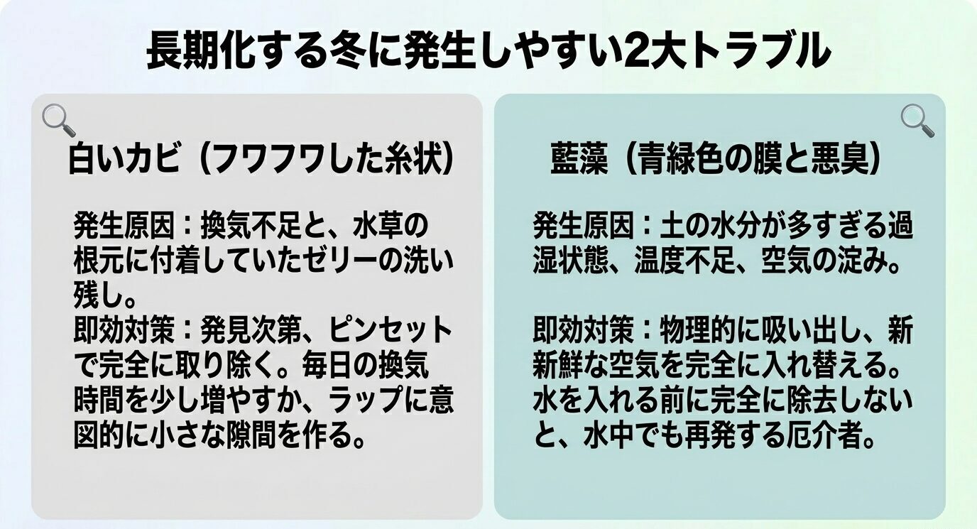 白いカビは換気不足やゼリーの洗い残し、藍藻は過湿や空気の淀みが原因になりやすいことをまとめたトラブル対策図