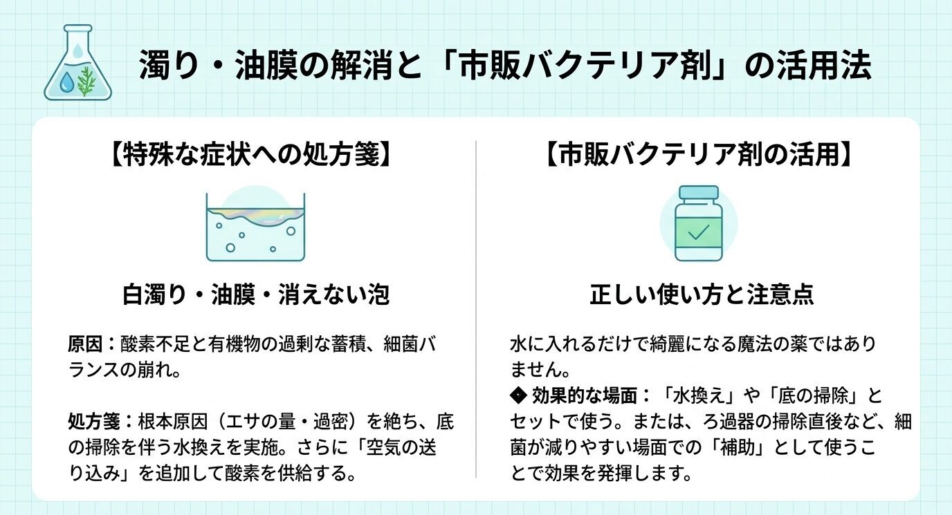 白濁り、油膜、消えない泡の原因として酸素不足や有機物の蓄積、細菌バランスの崩れを示し、水換えや底掃除と併用してバクテリア剤を補助的に使うことを説明した図
