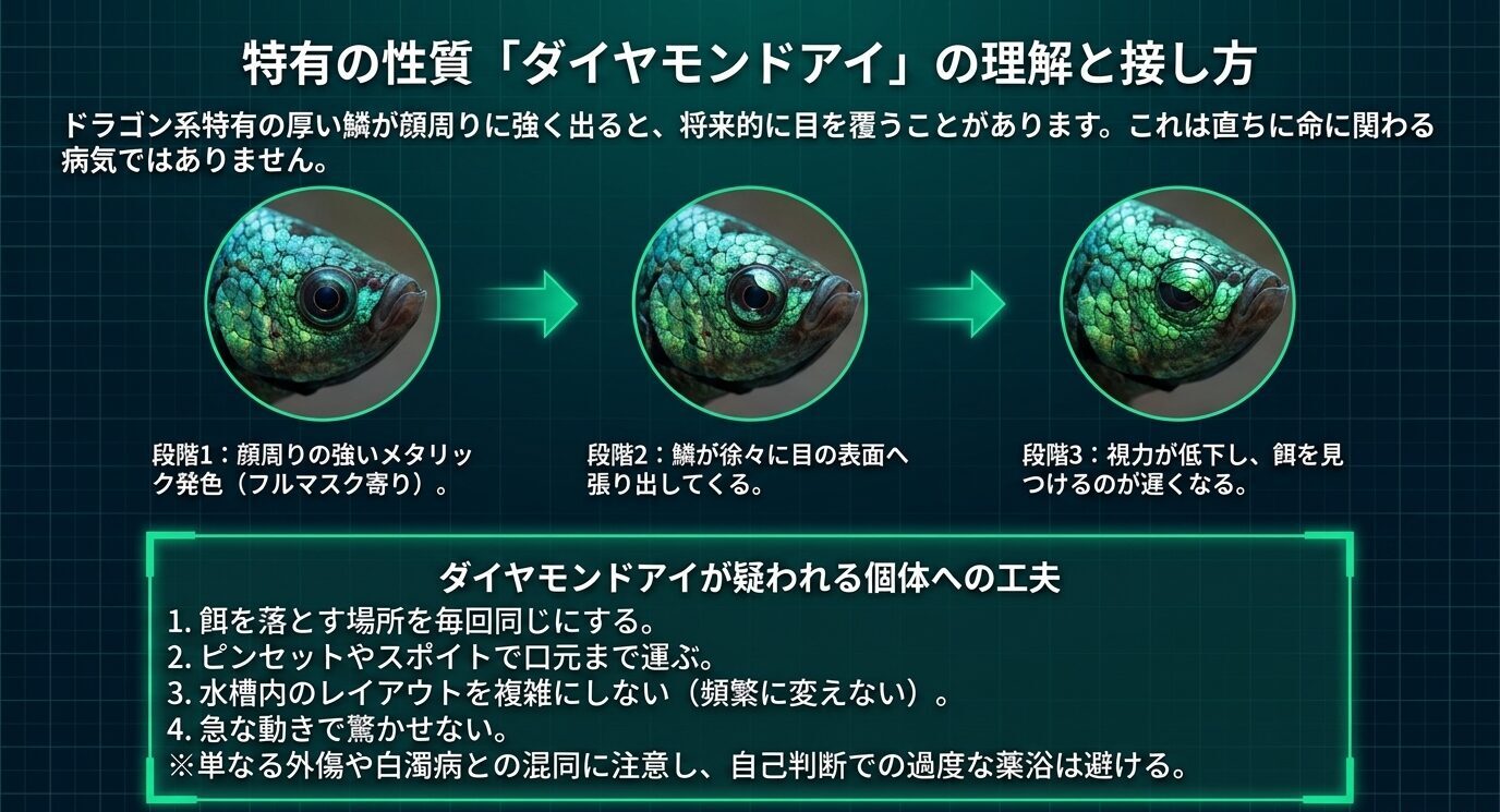 ドラゴン系ベタの目元に鱗が張り出していくダイヤモンドアイの段階と、餌やりや水槽管理の工夫を説明した図