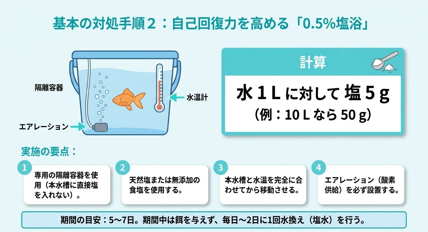 隔離容器、エアレーション、水温計を用意し、水1Lに対して塩5gを入れる0.5%塩浴の方法を示した図