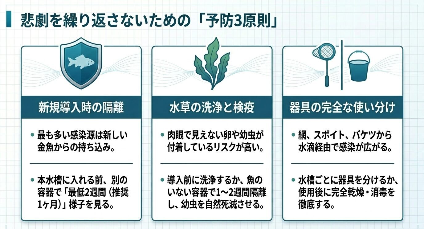 イカリムシの再発を防ぐため、新しい金魚の隔離、水草の洗浄と検疫、網やバケツなど器具の使い分けを示した図