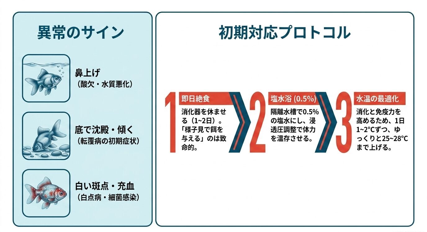 丹頂金魚の鼻上げ、底で沈む、白い斑点や充血などの異常サインと、絶食・塩水浴・水温調整の初期対応を示した図
