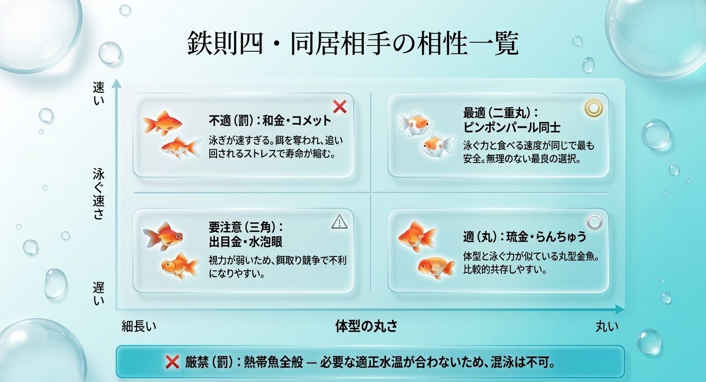 ピンポンパールとの混泳相手について、和金やコメット、出目金、琉金、らんちゅうなどの相性を比較したスライド