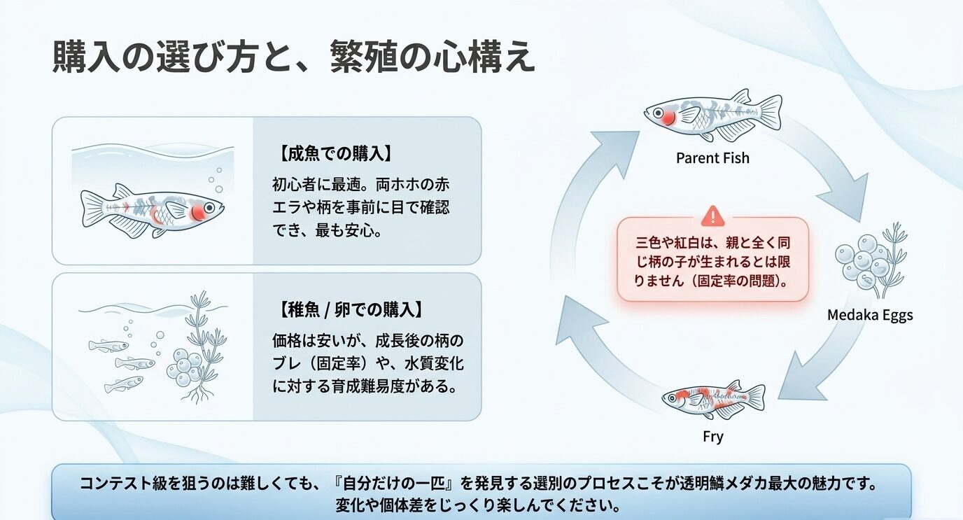 透明鱗メダカを成魚で買う場合と稚魚・卵で買う場合の違い、繁殖で柄が固定されにくい点を説明した図