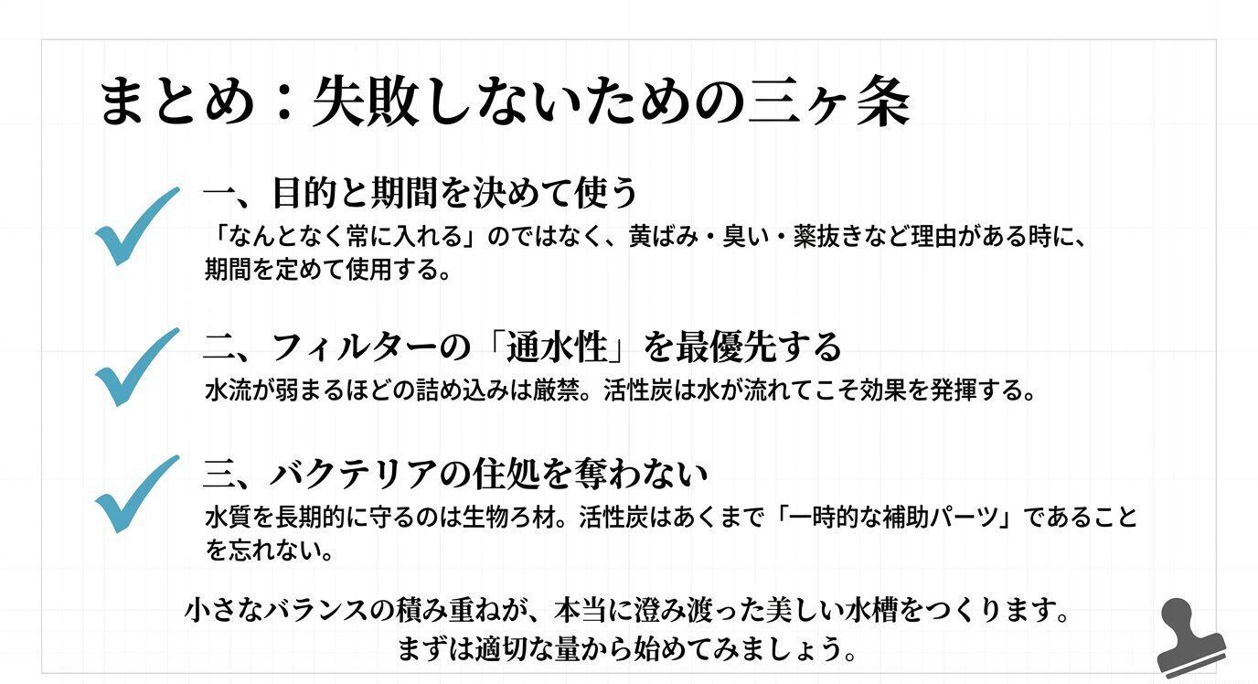 活性炭は目的と期間を決めて使い、フィルターの通水性を優先し、生物ろ材のスペースを奪わないことをまとめた図