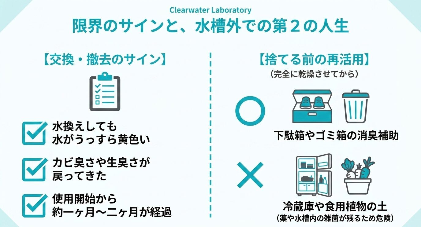 水の黄ばみや臭い、使用開始から1〜2ヶ月経過といった交換サインと、乾燥後に靴箱やゴミ箱の消臭補助へ使う例を示す図