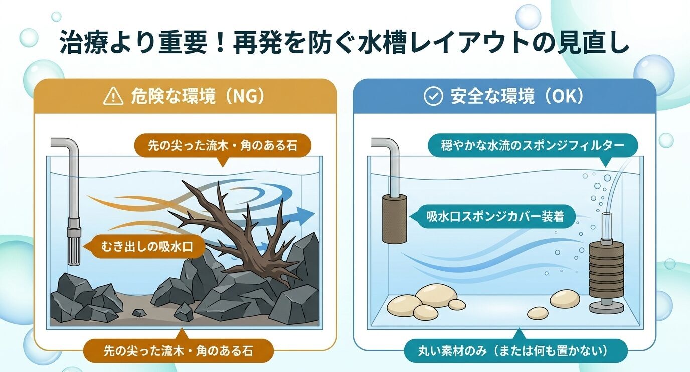 水泡眼に危険な尖った流木、角のある石、むき出しの吸水口がある水槽と、吸水口スポンジカバーや穏やかなスポンジフィルター、丸い素材だけを使った安全な水槽を比較した図