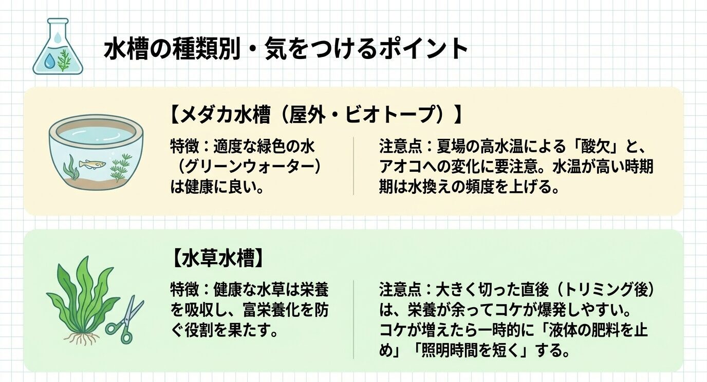 メダカ水槽では適度なグリーンウォーターが健康に良い一方で夏場の酸欠やアオコに注意が必要で、水草水槽ではトリミング後の栄養余りや肥料・照明管理に注意が必要であることを示した図