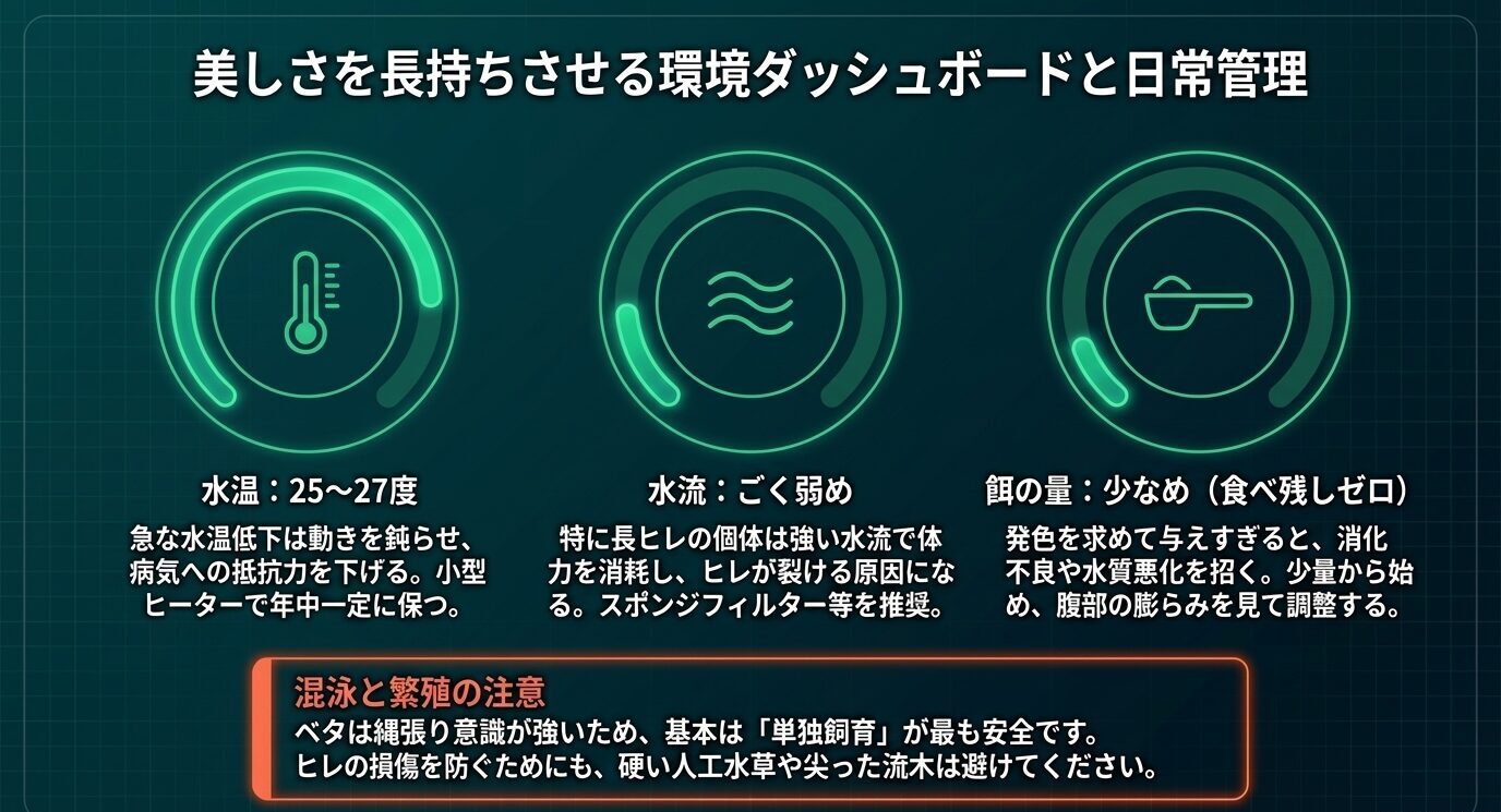 グリーンドラゴンの飼育で重要な水温25〜27度、弱い水流、少量の餌、単独飼育の注意点をまとめた管理図