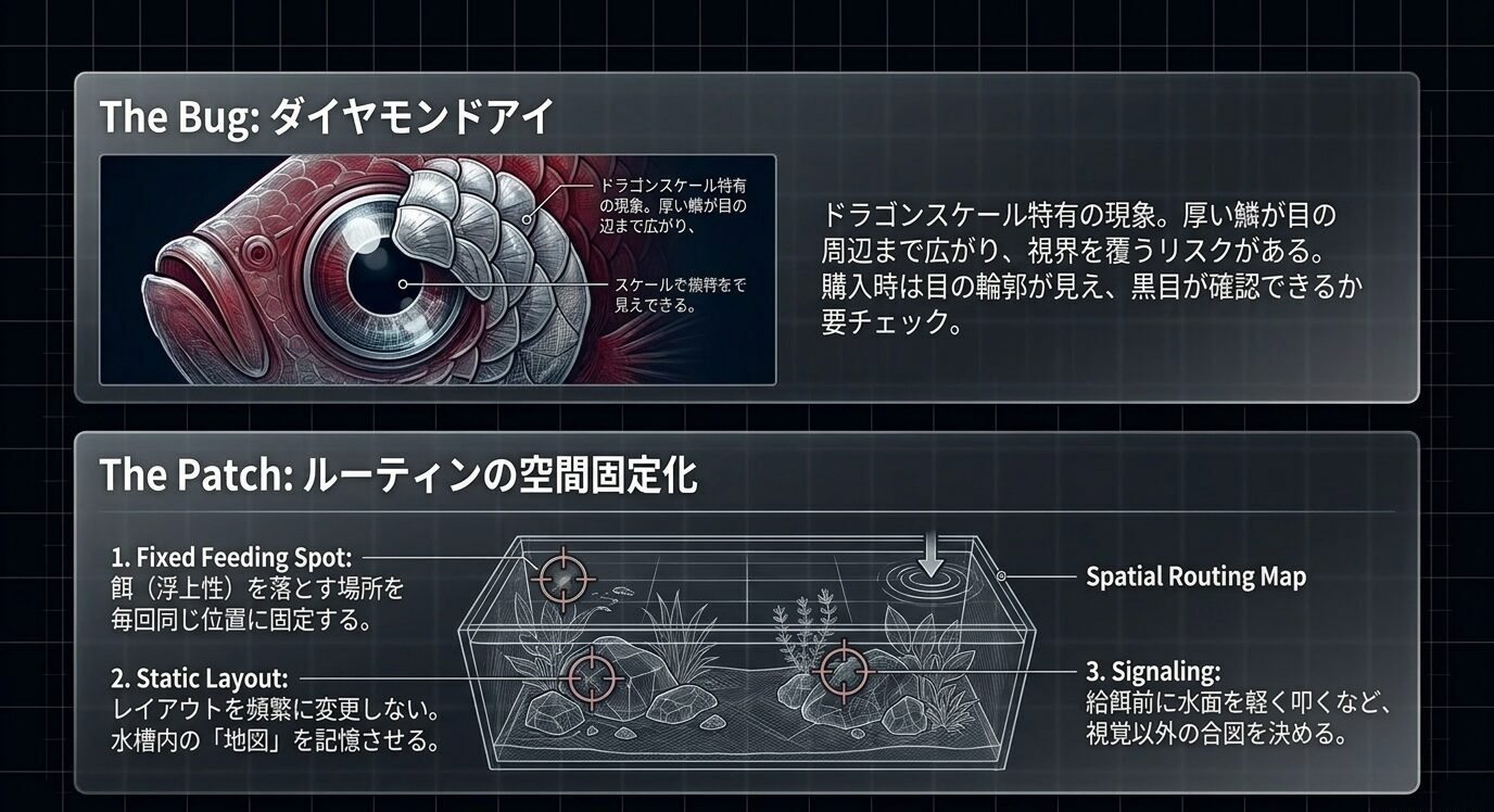 ドラゴンスケールベタの目に鱗がかぶるダイヤモンドアイの説明と、餌場やレイアウトを固定する対策を示した図