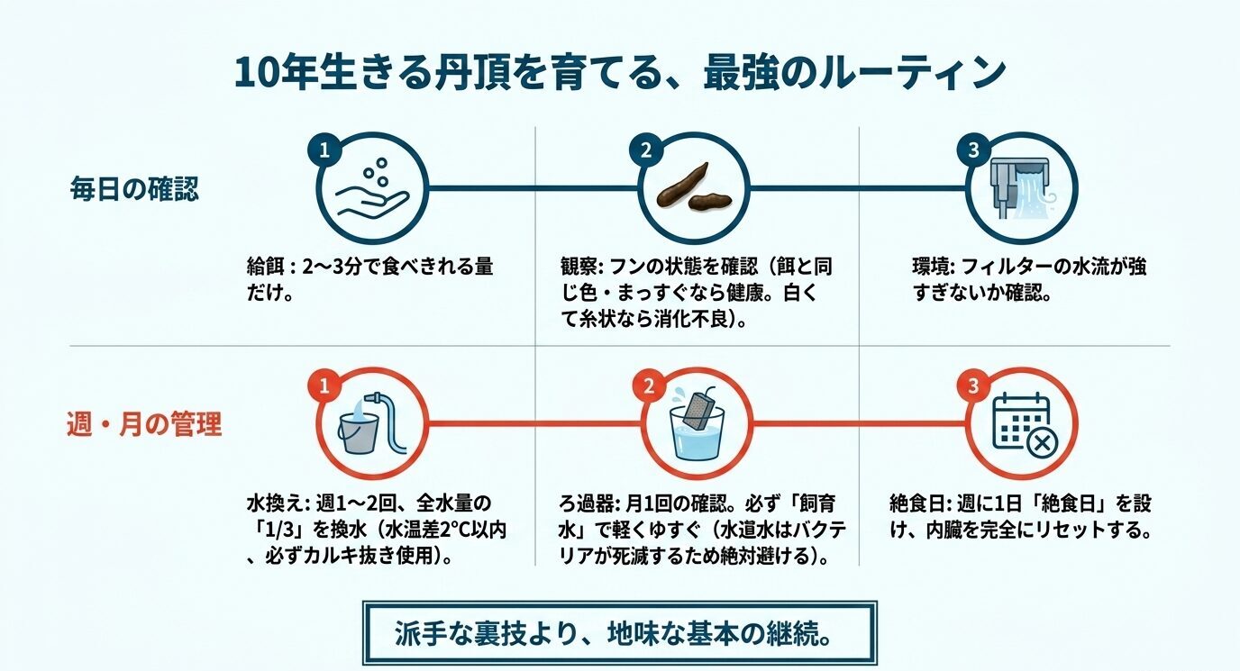 丹頂金魚を長生きさせるための毎日の給餌・観察・水流確認と、週や月ごとの水換え・ろ過確認・絶食日の管理を示した図