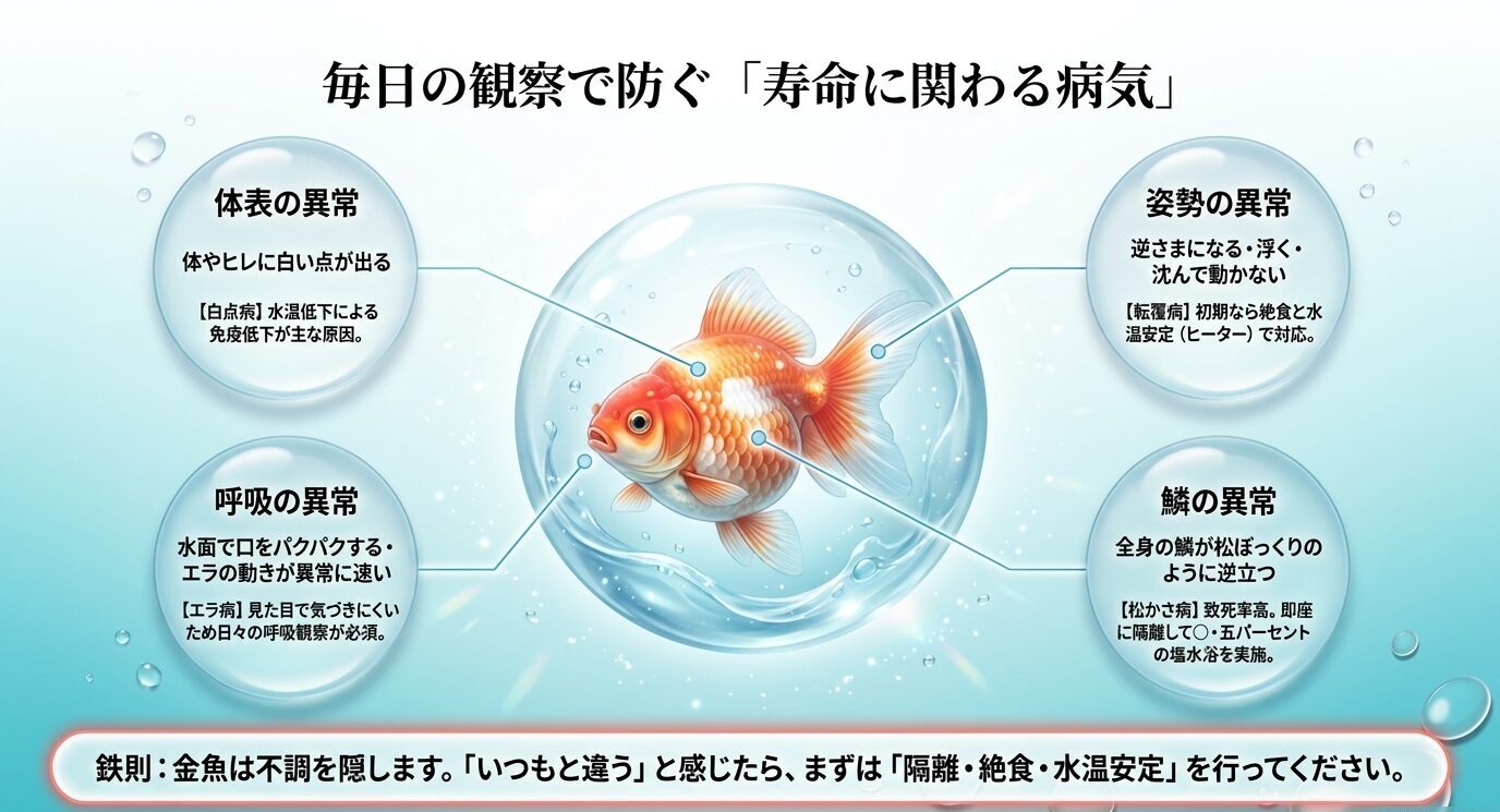 ピンポンパールの体表、呼吸、姿勢、鱗に現れる異常を毎日の観察で早期発見するポイントを示すスライド