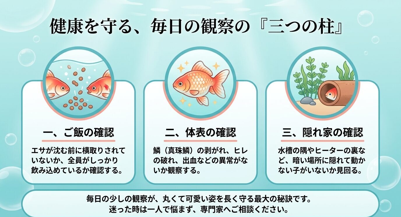 ご飯の確認、体表の確認、隠れ家の確認というピンポンパールの健康観察ポイントを示す図