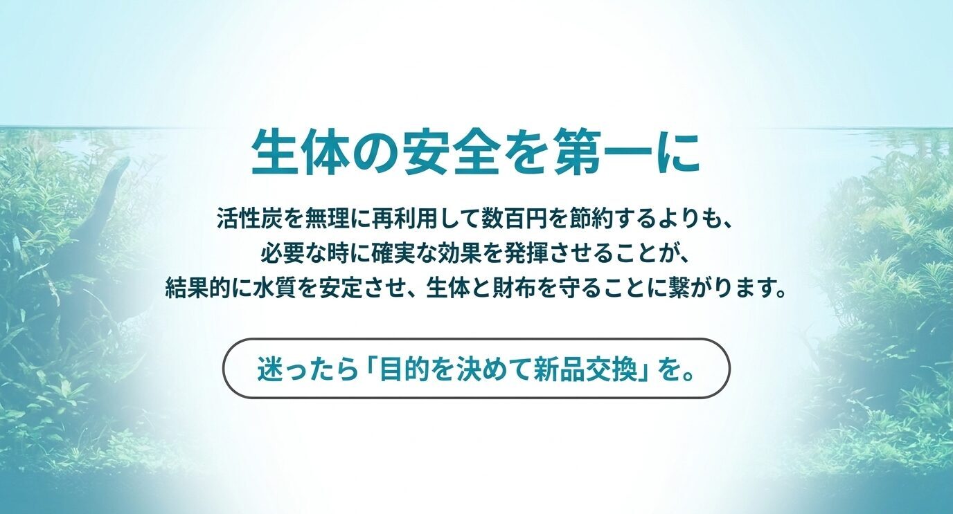 生体の安全を第一に、活性炭を無理に再利用せず必要な時に新品交換することを促すまとめ画像
