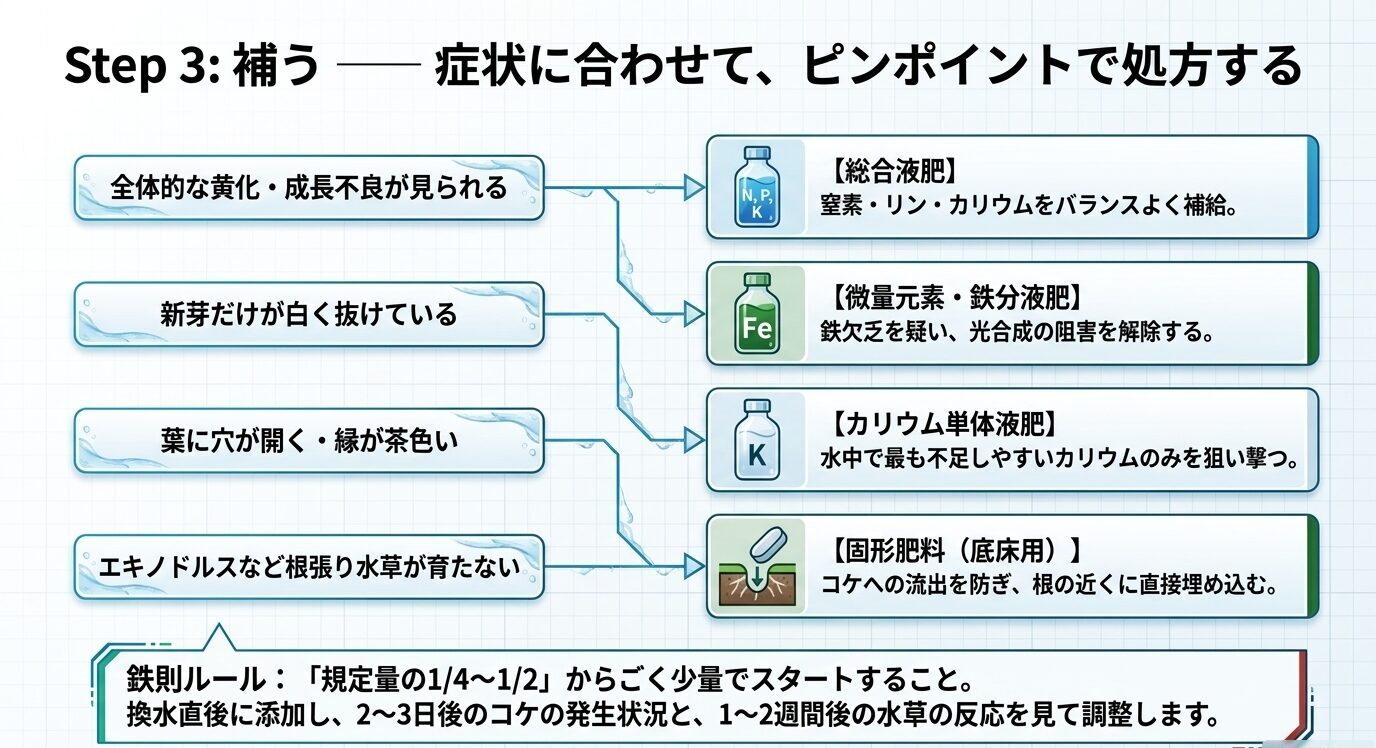 全体的な黄化には総合液肥、新芽の白化には鉄分、葉の穴にはカリウム、根張り系水草には固形肥料を使う目安を示した図