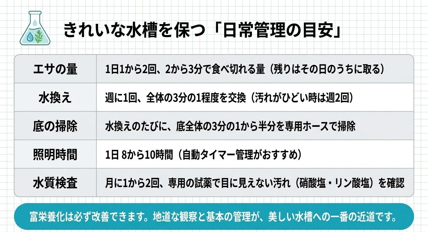 エサの量、水換え、底掃除、照明時間、水質検査について、きれいな水槽を保つための日常管理の目安を表でまとめたスライド