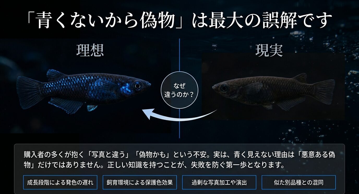 理想的に青く輝くサファイアメダカと、実際には青く見えにくい個体を比較し、成長段階や飼育環境、写真加工、似た品種との混同が原因になることを示すスライド