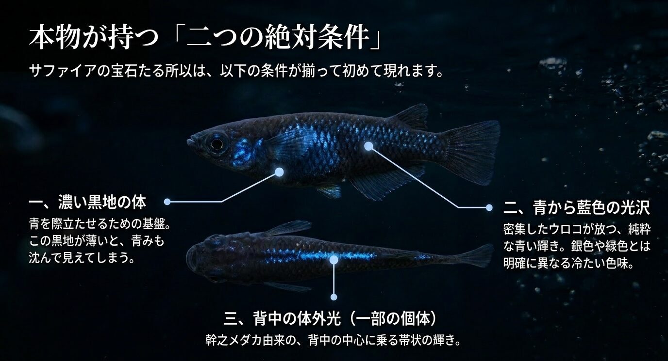 本物のサファイアメダカに見られる濃い黒地、青から藍色の光沢、背中の体外光を示した解説スライド