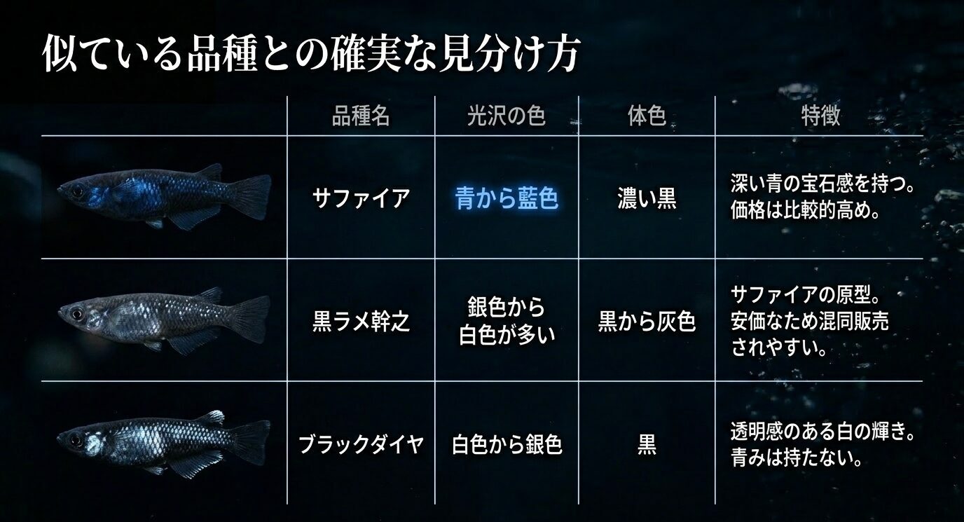 サファイアメダカ、黒ラメ幹之、ブラックダイヤの光沢の色、体色、特徴を比較したスライド