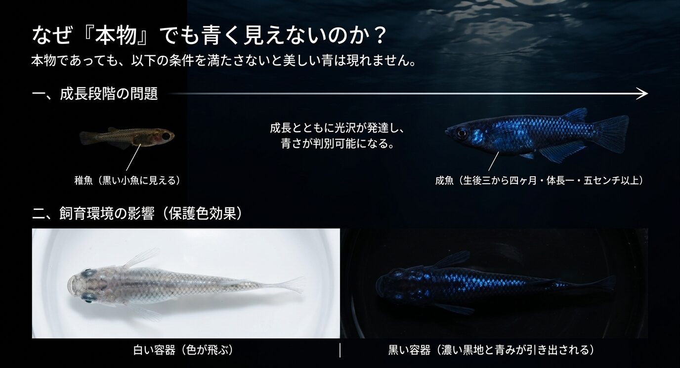 サファイアメダカが成長段階や白い容器、黒い容器などの飼育環境によって青く見えにくくなる理由を示すスライド