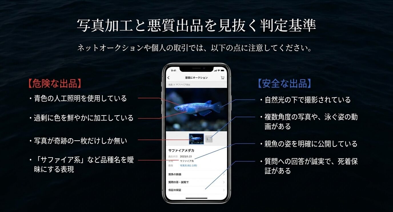 青色の人工照明や過剰加工、写真不足などの危険な出品と、自然光撮影や複数写真、親魚公開、誠実な回答がある安全な出品を比較したスライド