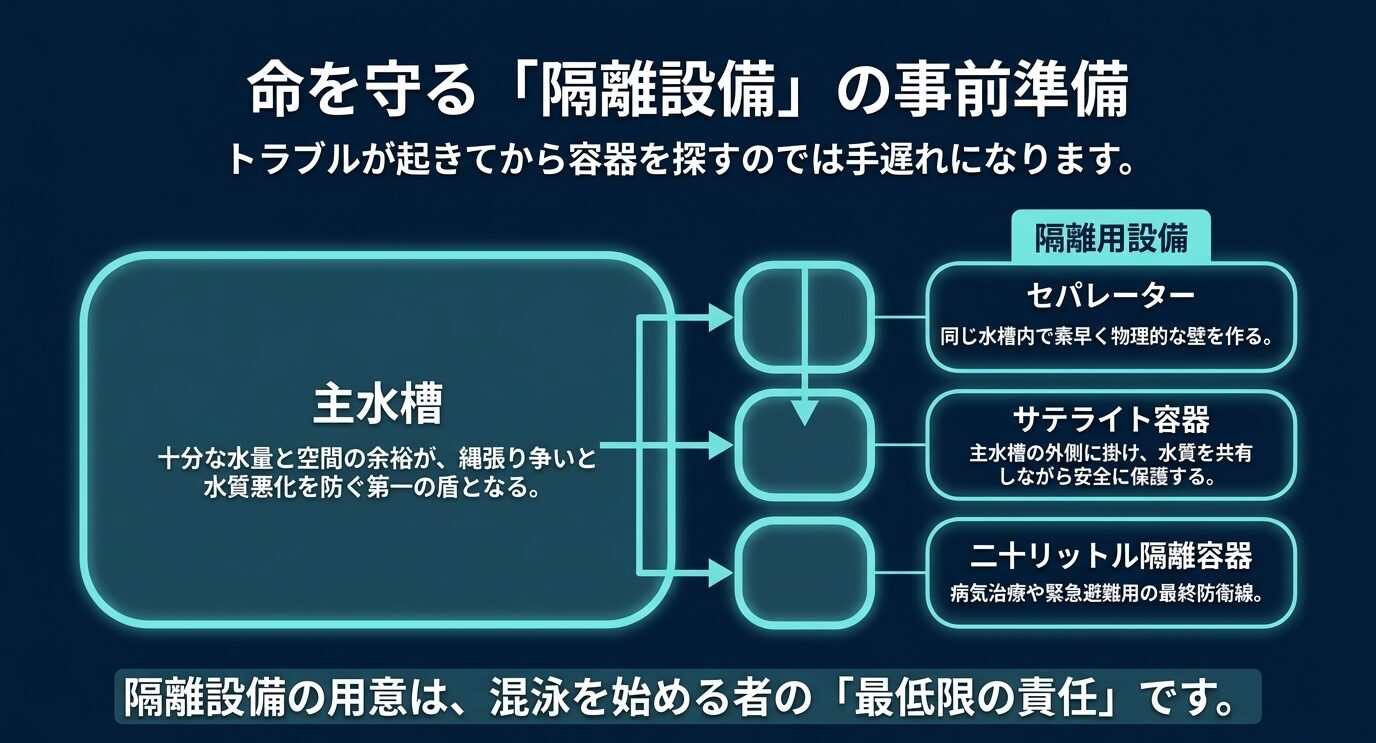 主水槽に加えてセパレーター、サテライト容器、20リットル隔離容器を準備する必要性を示した図