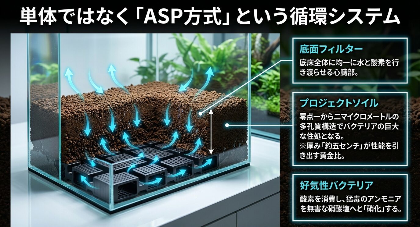 底面フィルター、プロジェクトソイル、好気性バクテリアが連携して水質を維持する仕組みを示した図