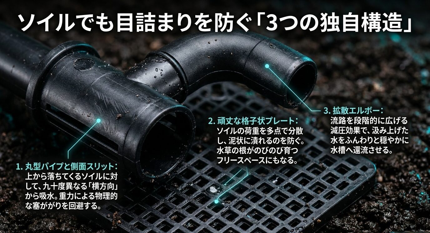 丸型パイプと側面スリット、格子状プレート、拡散エルボーによる目詰まり対策の構造説明