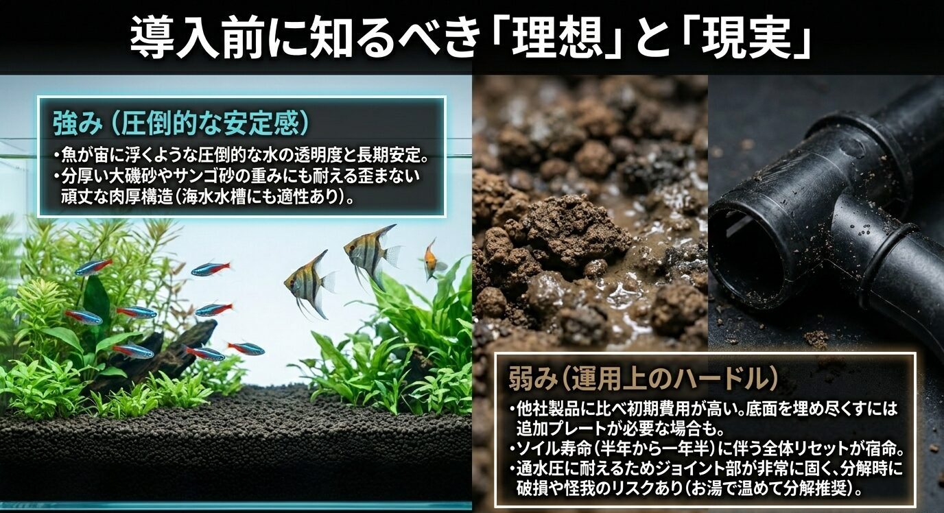 アクアシステム底面フィルターの安定性や頑丈さと、初期費用やリセットの注意点を比較した画像