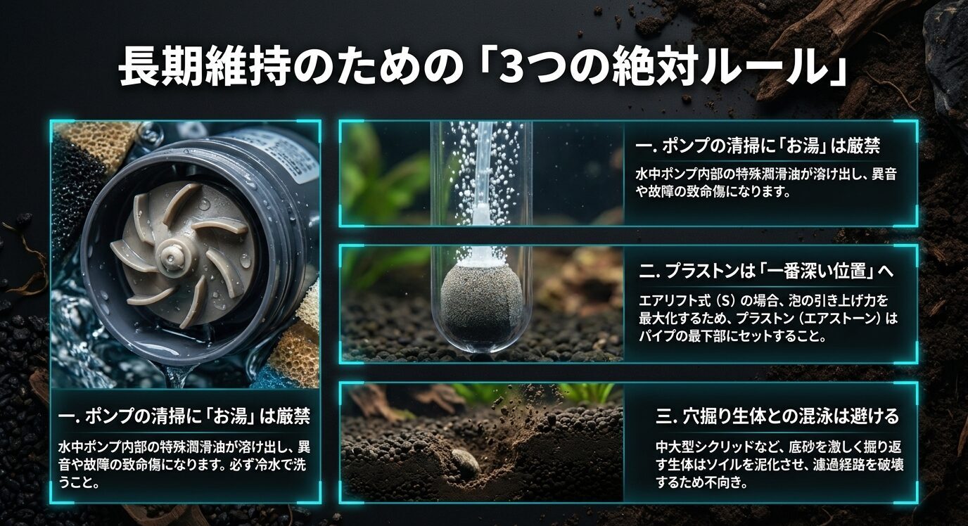 ポンプ掃除ではお湯を使わないこと、プラストンを深く設置すること、底床を掘る生体を避けることを示した注意画像